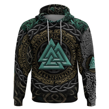 Viking Hoodie Cyan Valknut and Yggdrasil TS04