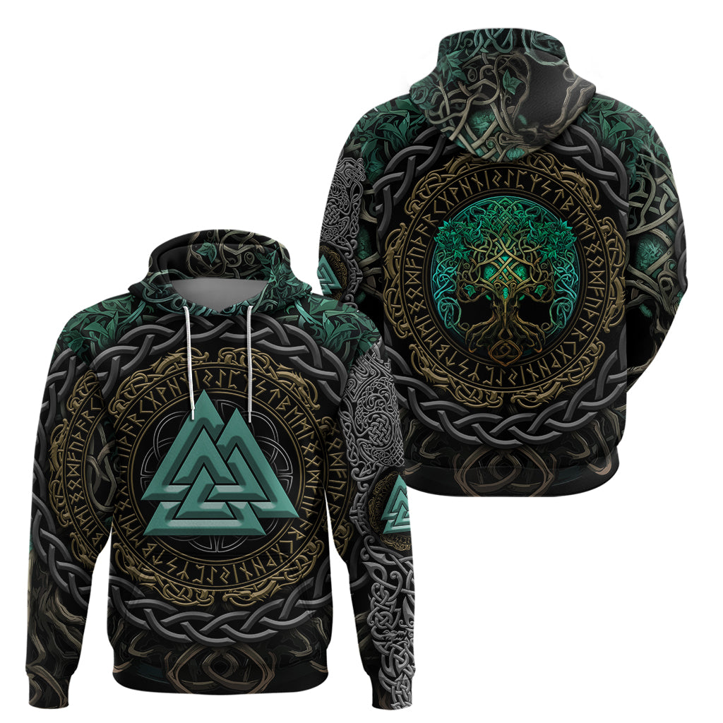 Viking Hoodie Cyan Valknut and Yggdrasil TS04