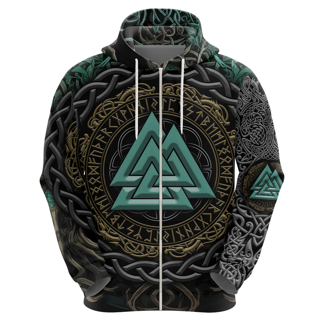 Viking Hoodie Cyan Valknut and Yggdrasil TS04