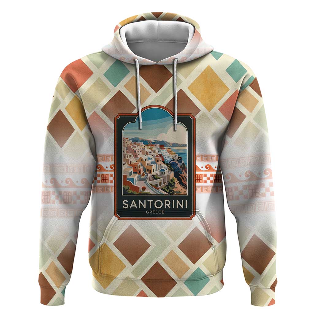 Santorini Greece Hoodie Sunset Village Print and Mediterranean Geometric Pattern TS04