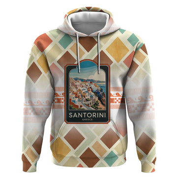 Santorini Greece Hoodie Sunset Village Print and Mediterranean Geometric Pattern TS04