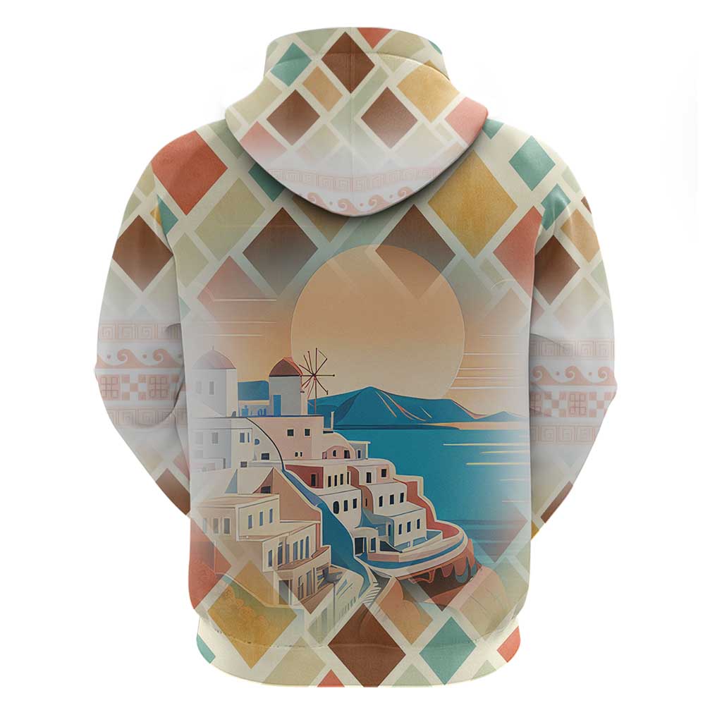 Santorini Greece Hoodie Sunset Village Print and Mediterranean Geometric Pattern TS04