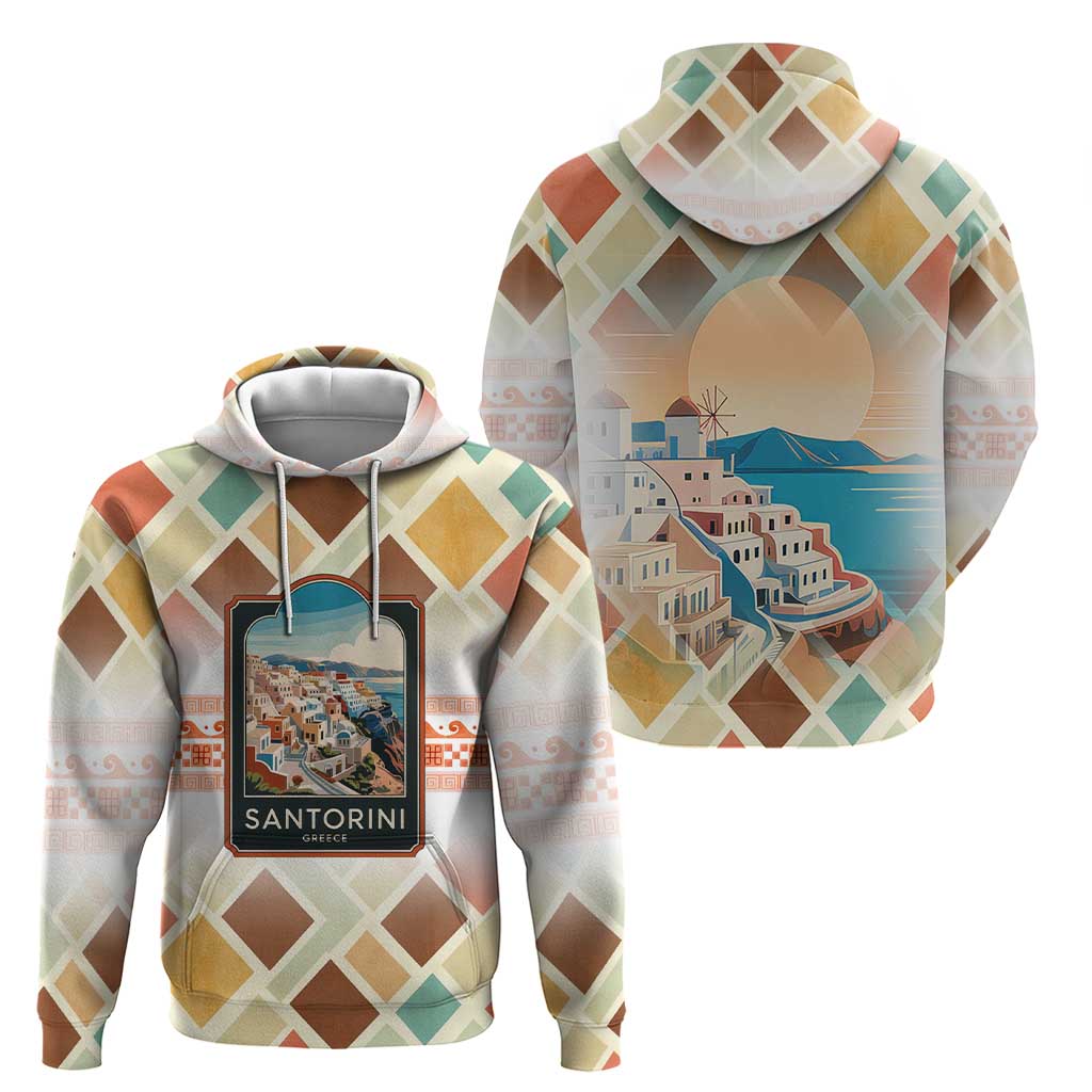 Santorini Greece Hoodie Sunset Village Print and Mediterranean Geometric Pattern TS04