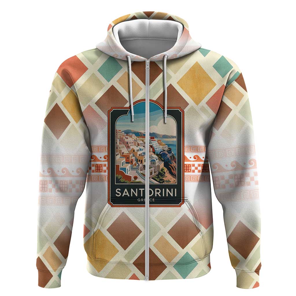 Santorini Greece Hoodie Sunset Village Print and Mediterranean Geometric Pattern TS04