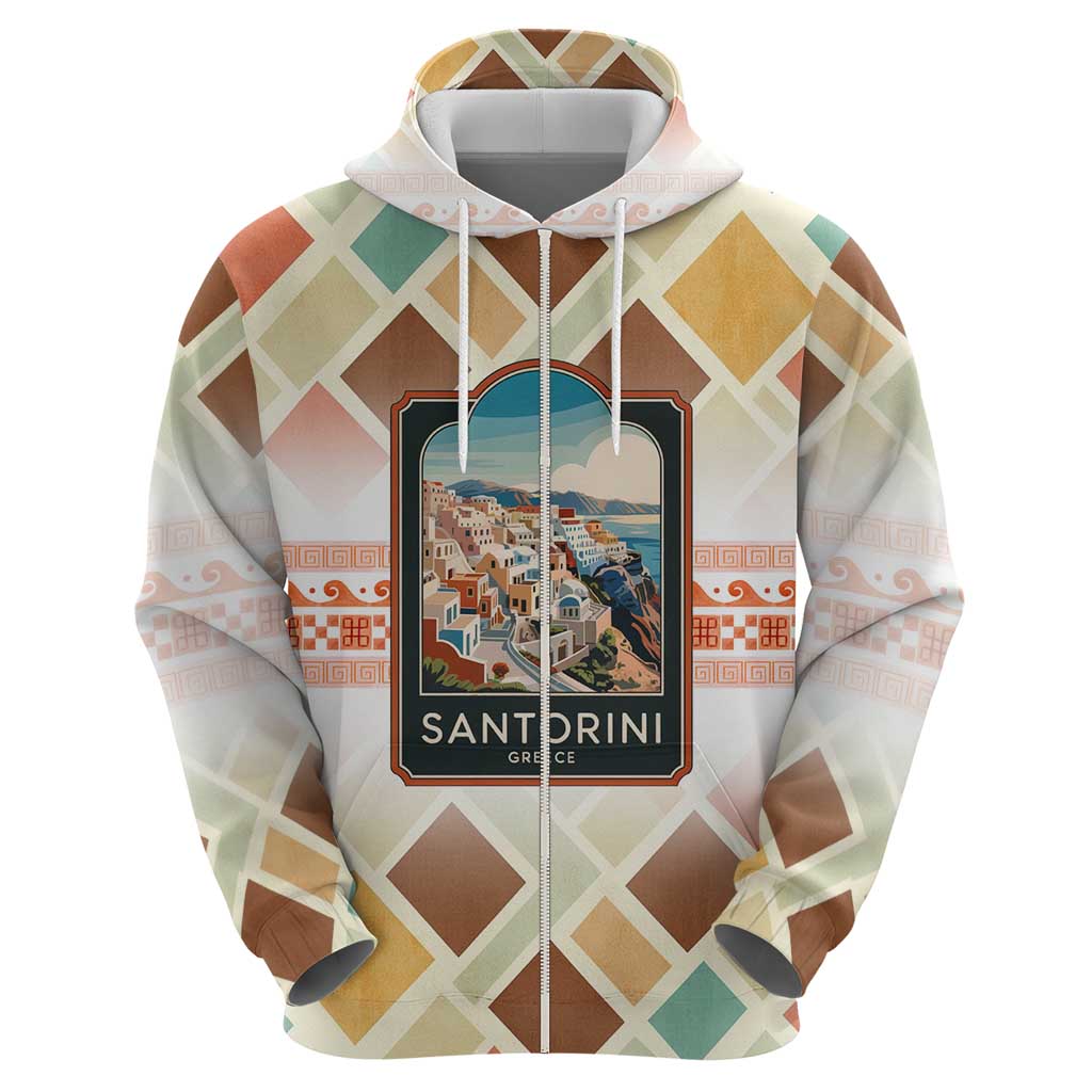 Santorini Greece Hoodie Sunset Village Print and Mediterranean Geometric Pattern TS04