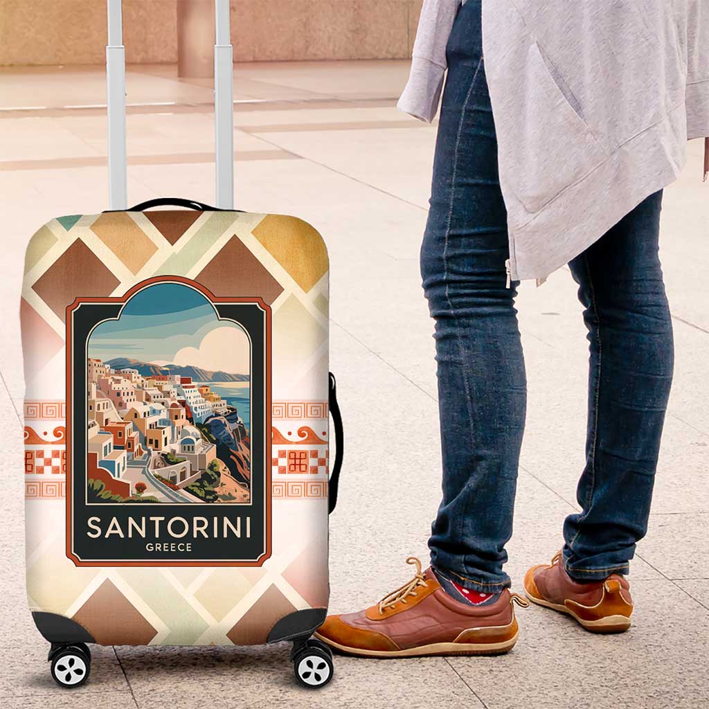 Santorini Greece Luggage Cover Sunset Village Print and Mediterranean Geometric Pattern TS04