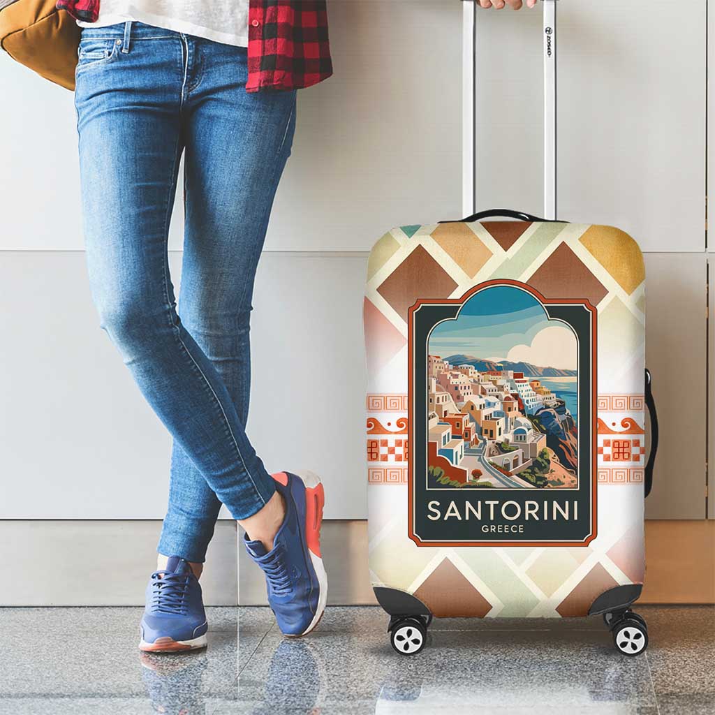 Santorini Greece Luggage Cover Sunset Village Print and Mediterranean Geometric Pattern TS04