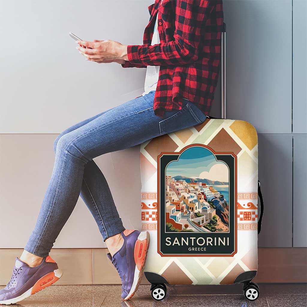 Santorini Greece Luggage Cover Sunset Village Print and Mediterranean Geometric Pattern TS04