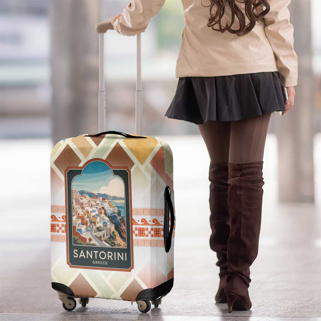 Santorini Greece Luggage Cover Sunset Village Print and Mediterranean Geometric Pattern TS04