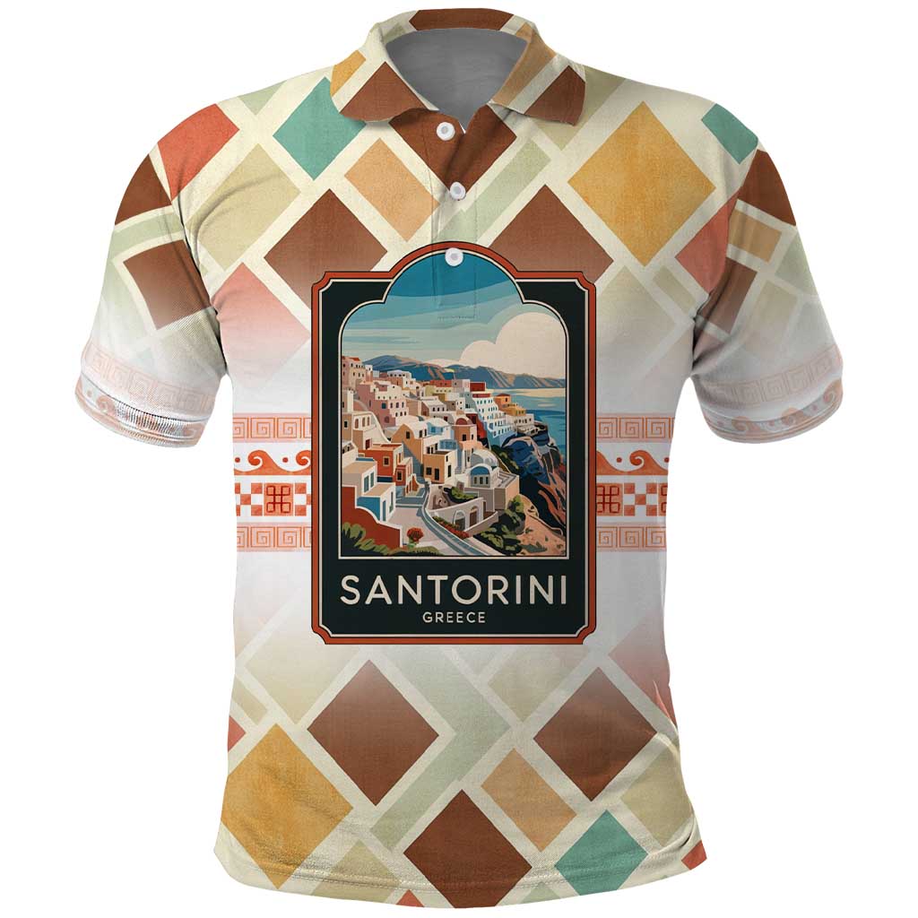 Santorini Greece Polo Shirt Sunset Village Print and Mediterranean Geometric Pattern TS04