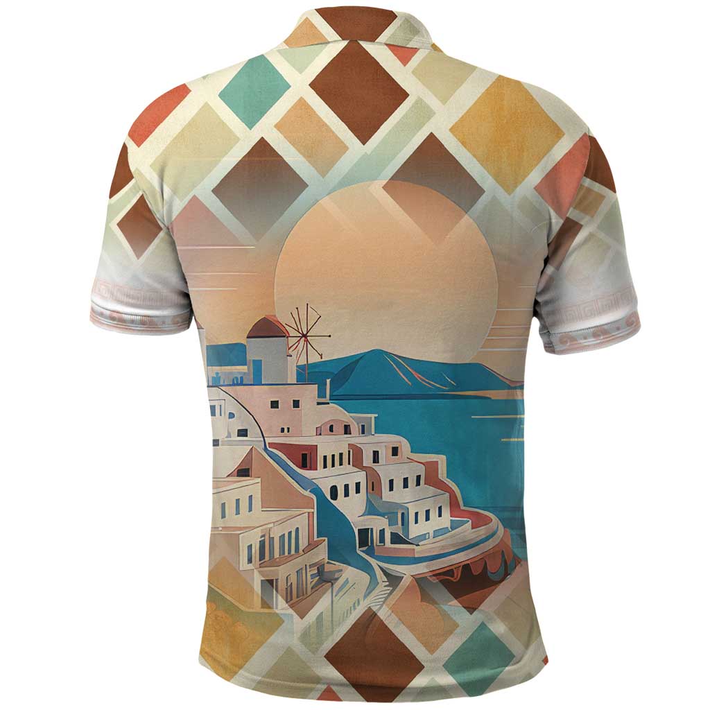 Santorini Greece Polo Shirt Sunset Village Print and Mediterranean Geometric Pattern TS04