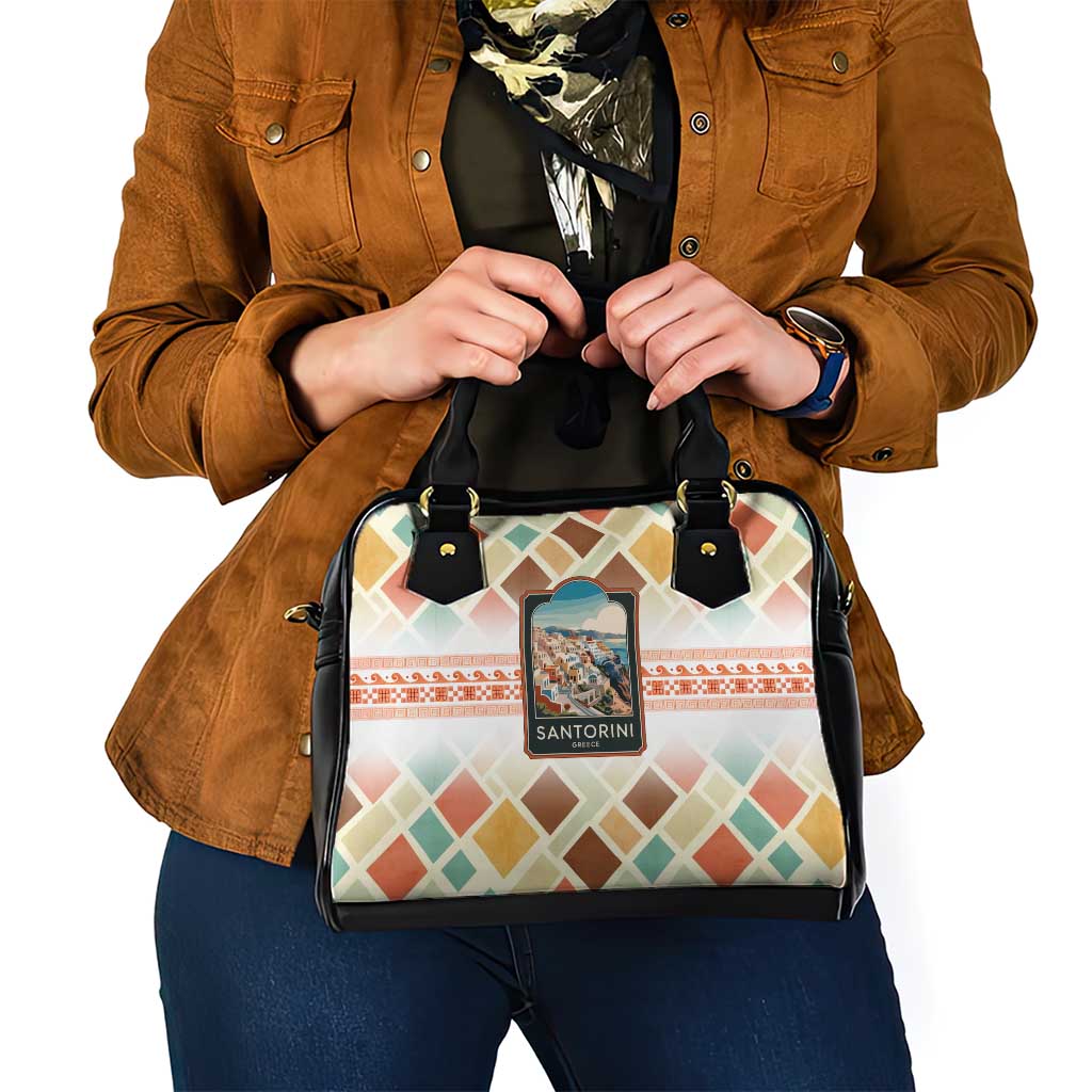 Santorini Greece Shoulder Handbag Sunset Village Print and Mediterranean Geometric Pattern TS04