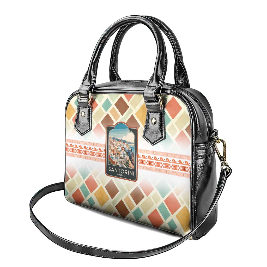 Santorini Greece Shoulder Handbag Sunset Village Print and Mediterranean Geometric Pattern TS04