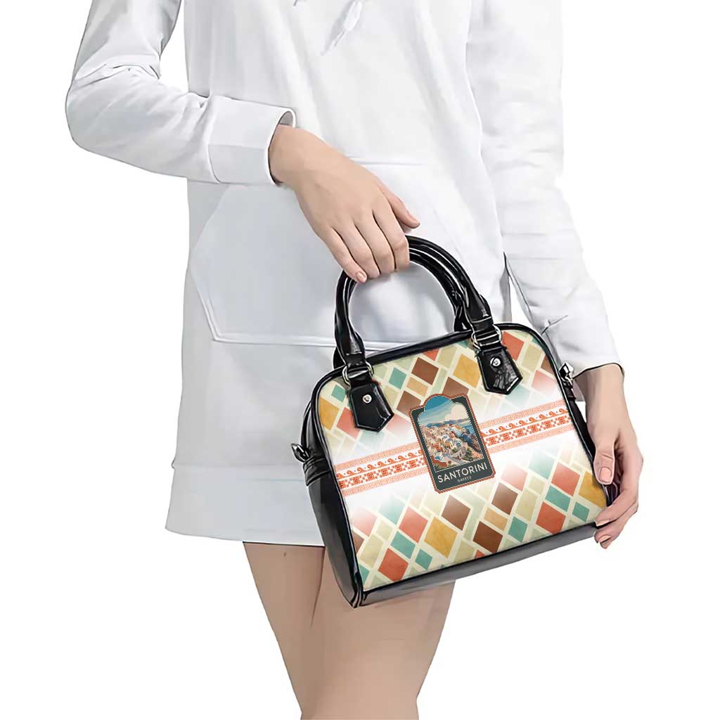 Santorini Greece Shoulder Handbag Sunset Village Print and Mediterranean Geometric Pattern TS04