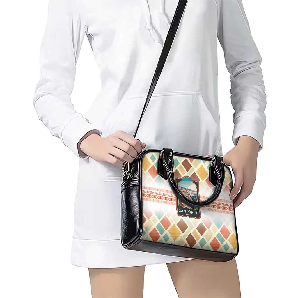 Santorini Greece Shoulder Handbag Sunset Village Print and Mediterranean Geometric Pattern TS04