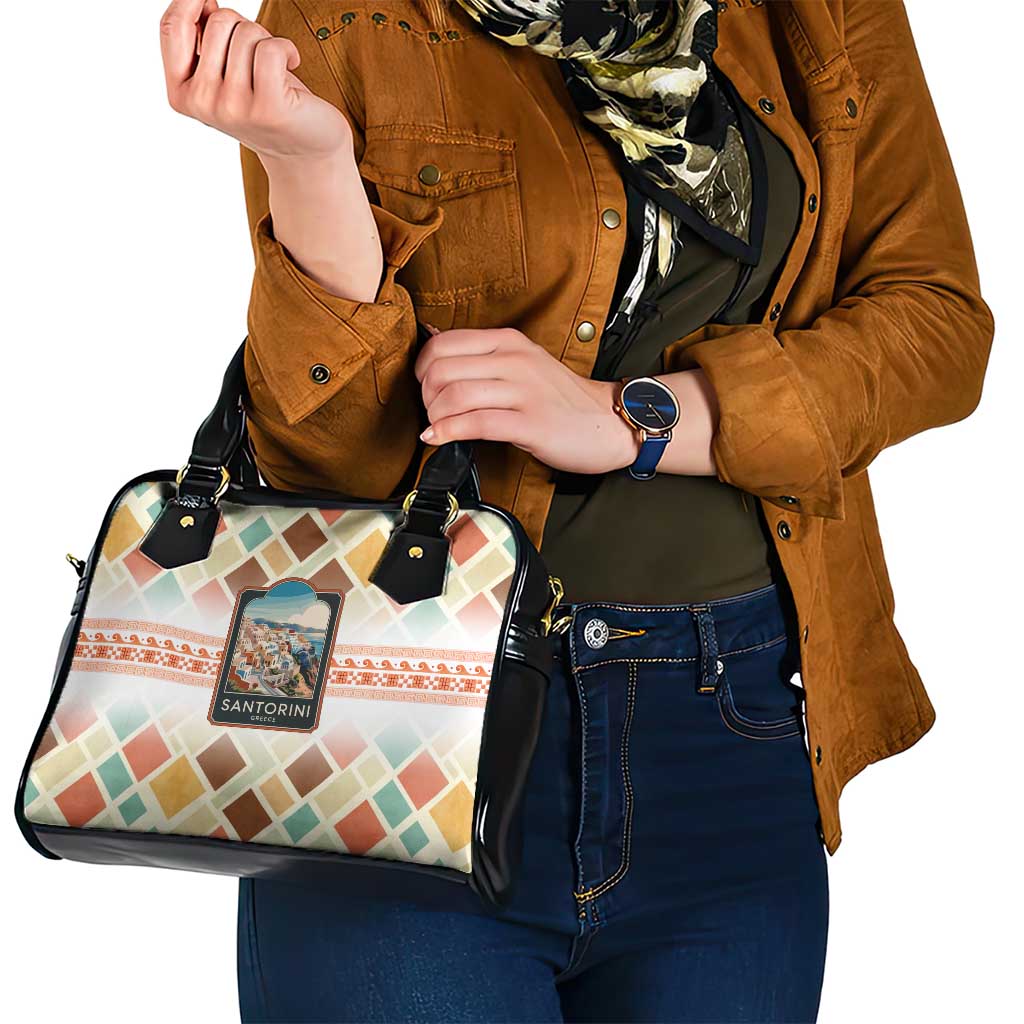 Santorini Greece Shoulder Handbag Sunset Village Print and Mediterranean Geometric Pattern TS04