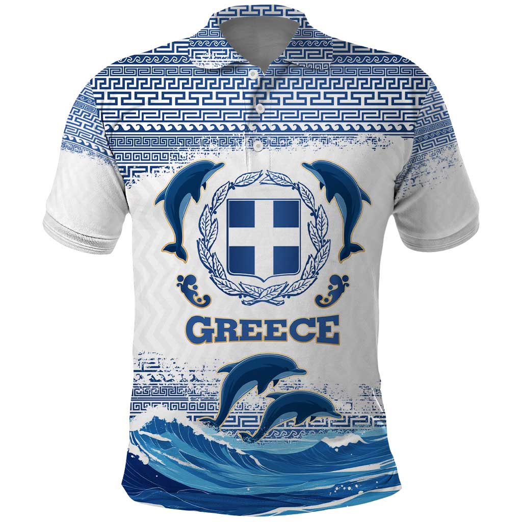 Greece Dolphin Polo Shirt with Greek Key Pattern and Ocean Wave Design TS04