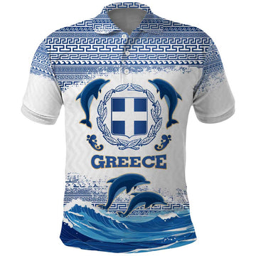 Greece Dolphin Polo Shirt with Greek Key Pattern and Ocean Wave Design TS04