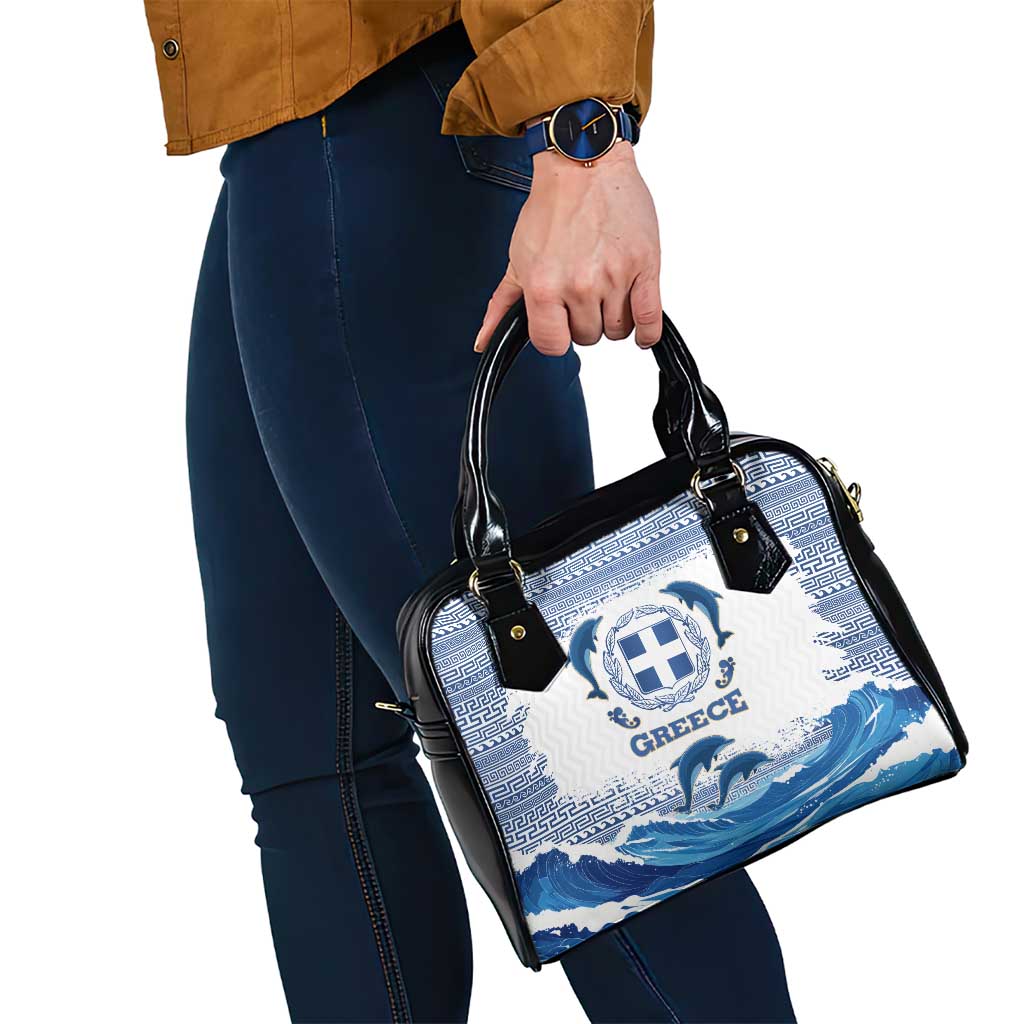 Greece Dolphin Shoulder Handbag with Greek Key Pattern and Ocean Wave Design TS04