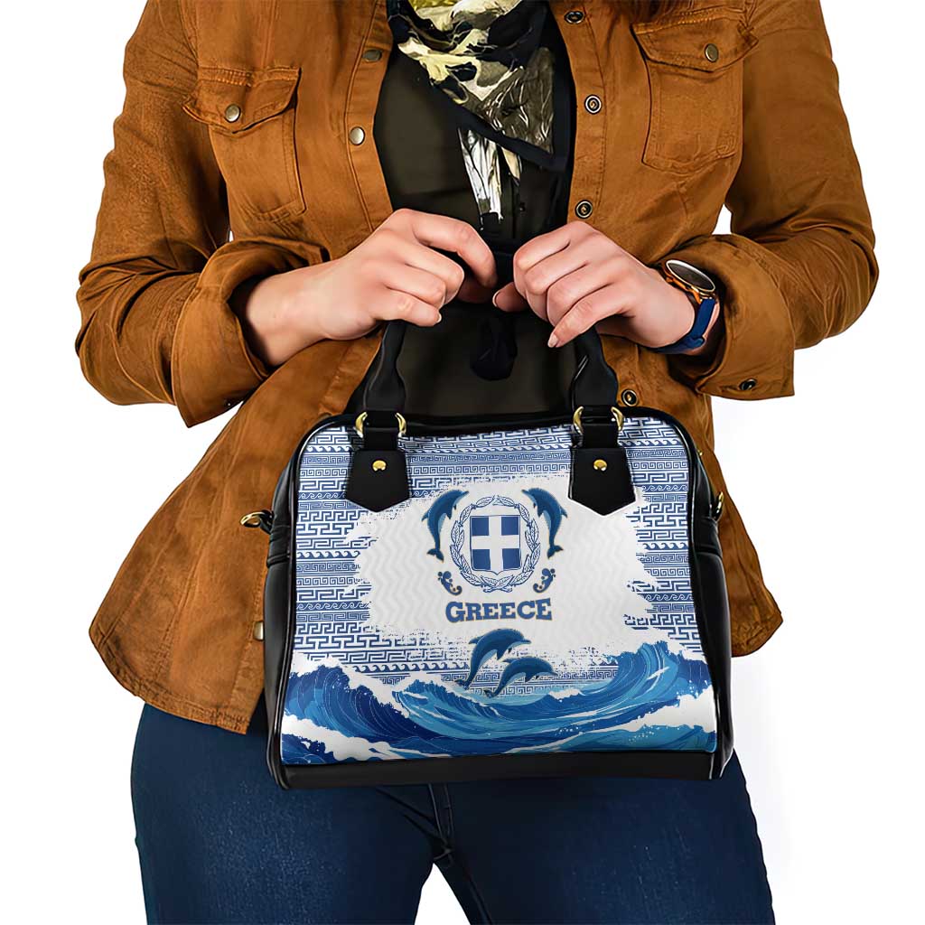 Greece Dolphin Shoulder Handbag with Greek Key Pattern and Ocean Wave Design TS04