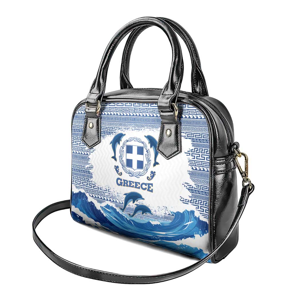 Greece Dolphin Shoulder Handbag with Greek Key Pattern and Ocean Wave Design TS04