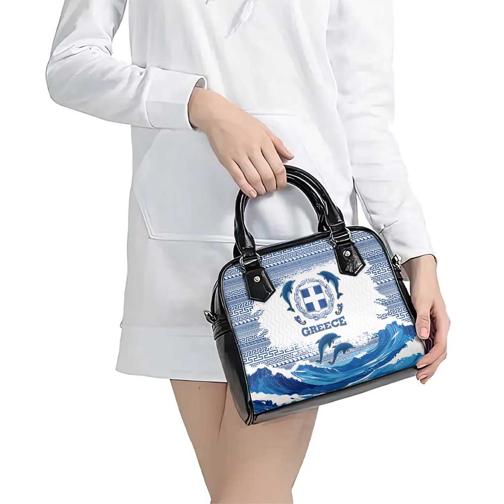 Greece Dolphin Shoulder Handbag with Greek Key Pattern and Ocean Wave Design TS04