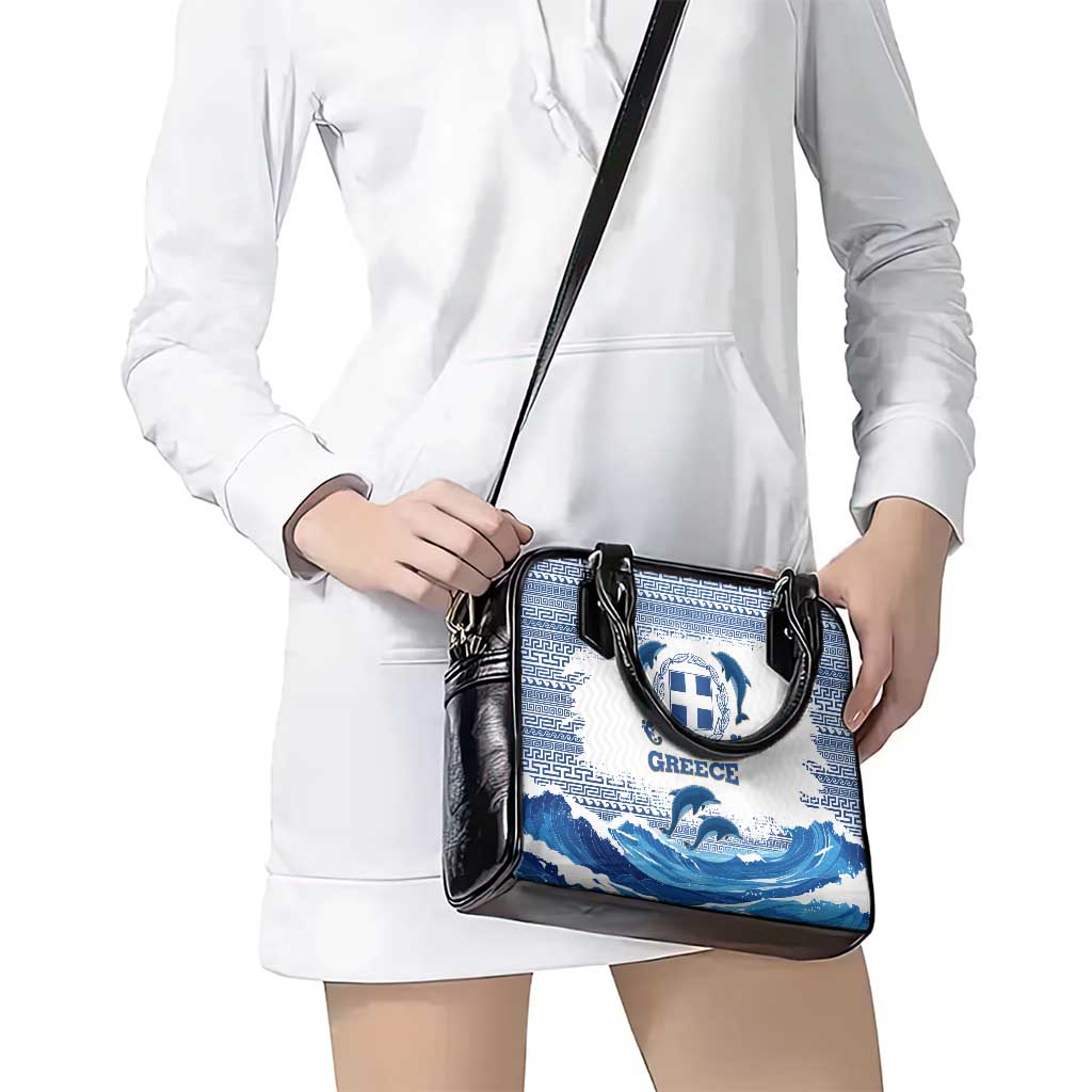 Greece Dolphin Shoulder Handbag with Greek Key Pattern and Ocean Wave Design TS04