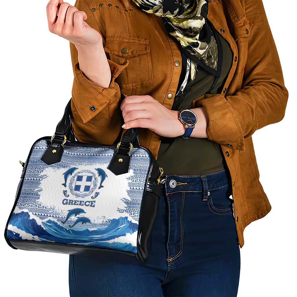 Greece Dolphin Shoulder Handbag with Greek Key Pattern and Ocean Wave Design TS04
