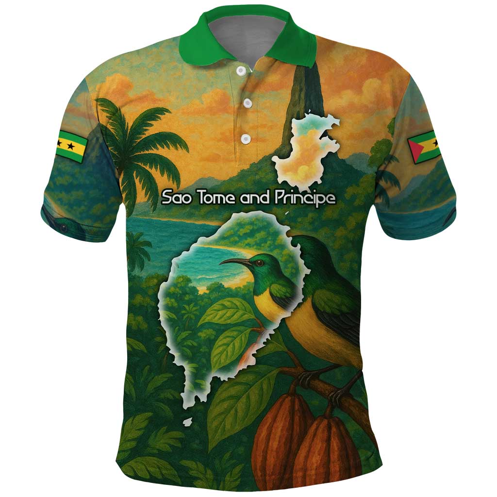 Sao Tome and Principe Tropical Island Polo Shirt with Bird and Cocoa Forest Print TS04