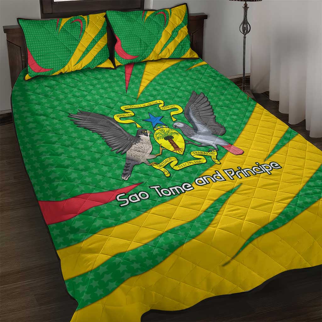 Sao Tome and Principe National Emblem Quilt Bed Set Green Yellow Flag Pattern TS04