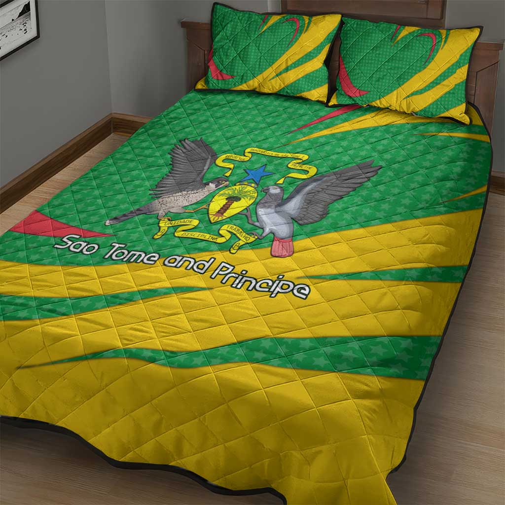 Sao Tome and Principe National Emblem Quilt Bed Set Green Yellow Flag Pattern TS04