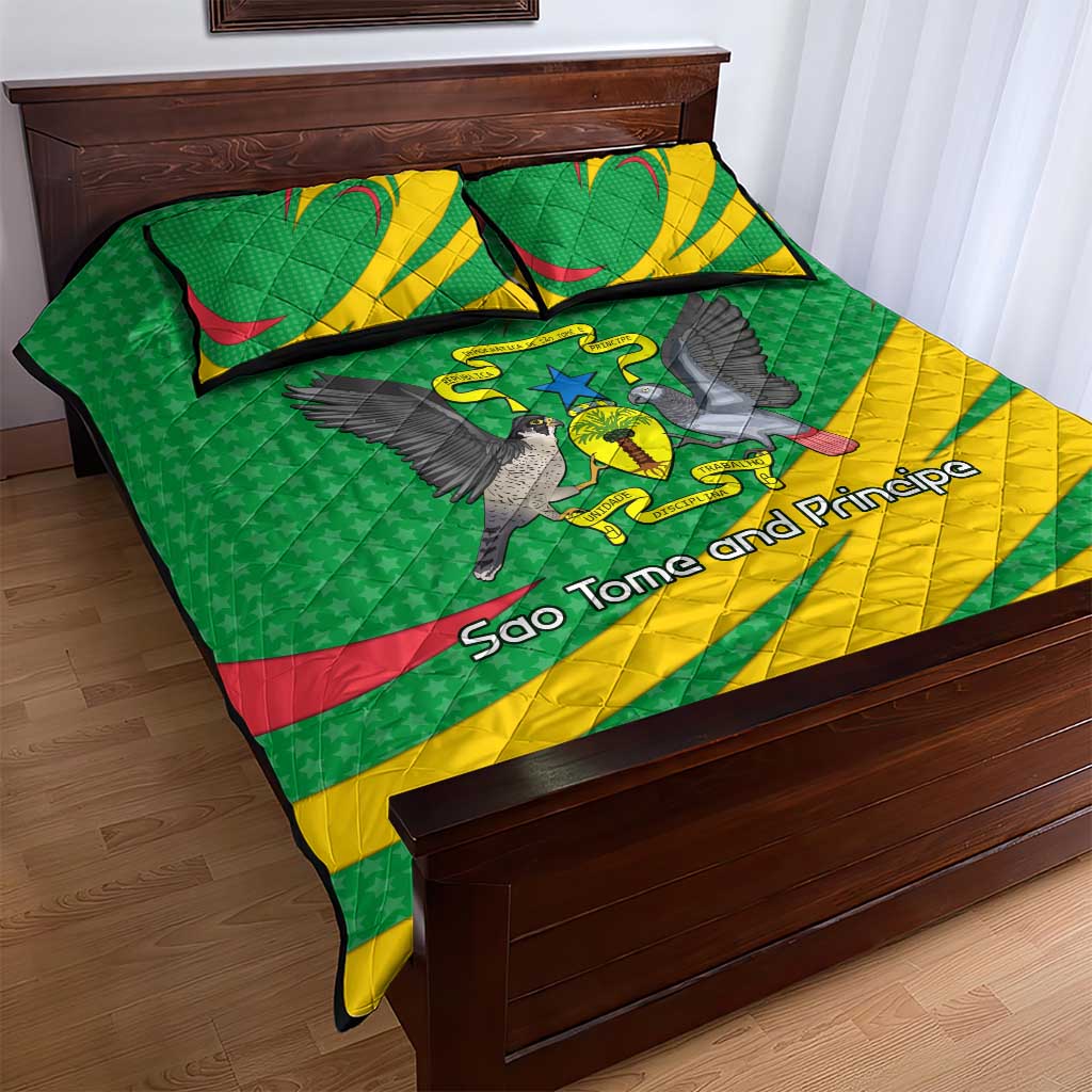 Sao Tome and Principe National Emblem Quilt Bed Set Green Yellow Flag Pattern TS04