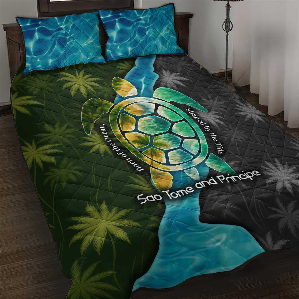 Sea Turtle Sao Tome and Principe Quilt Bed Set Ocean Tide and Tropical Palm TS04