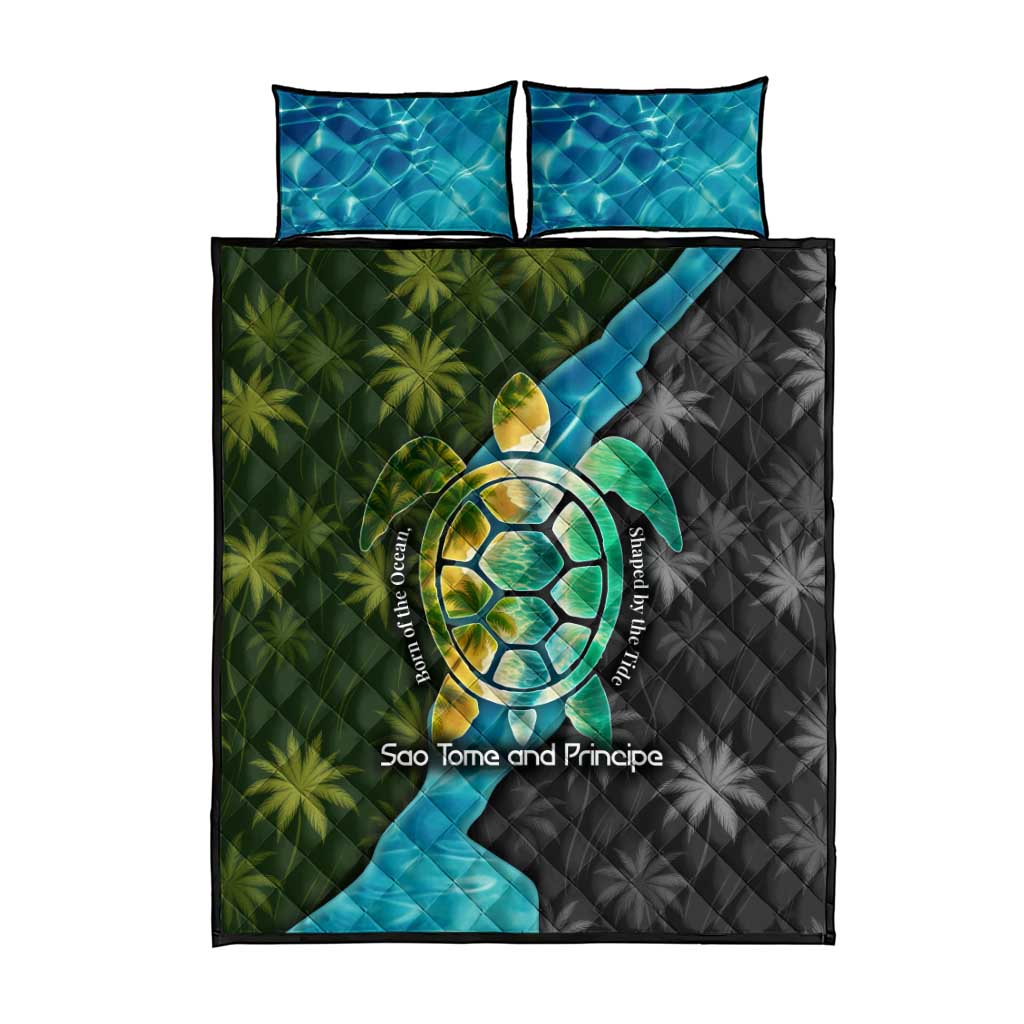 Sea Turtle Sao Tome and Principe Quilt Bed Set Ocean Tide and Tropical Palm TS04