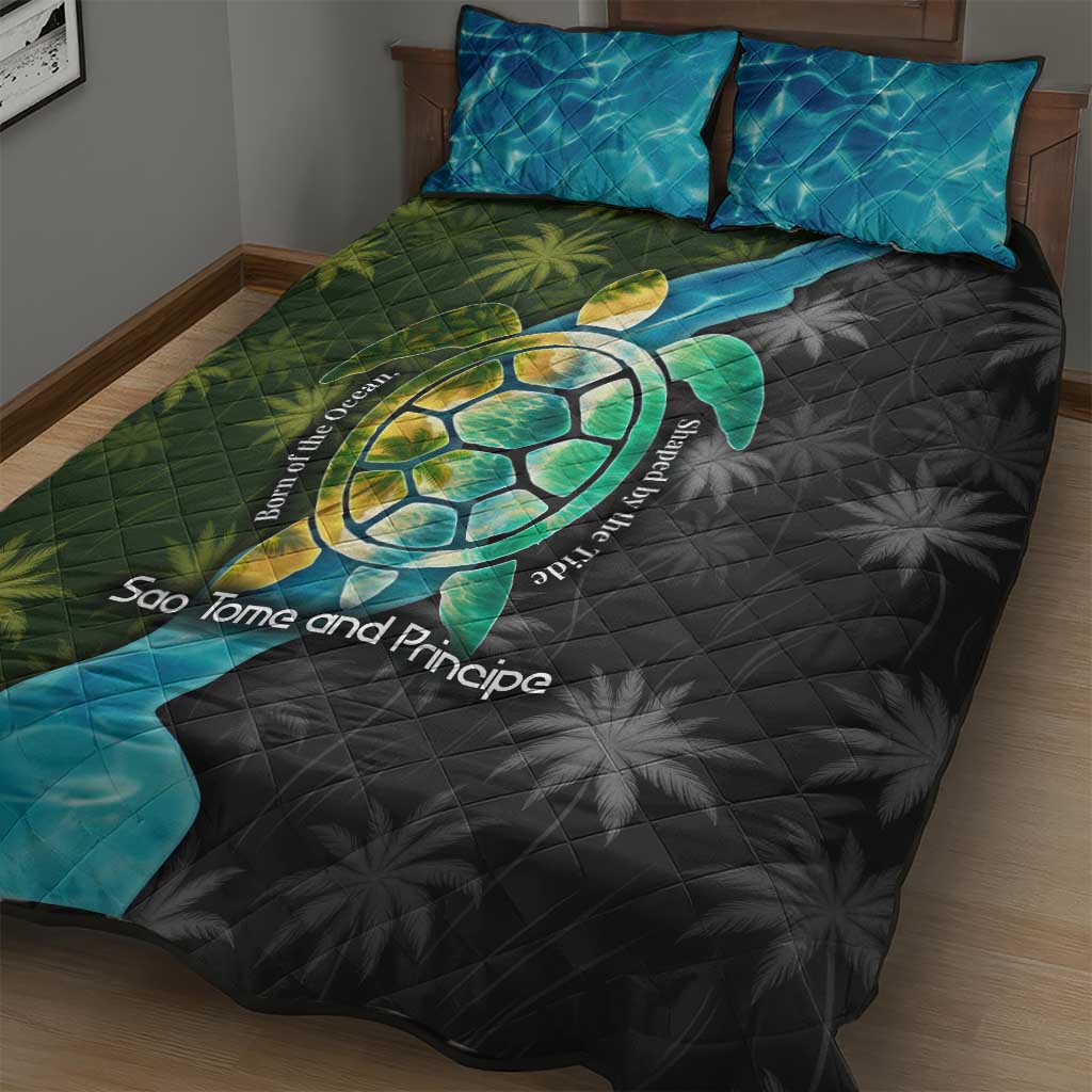 Sea Turtle Sao Tome and Principe Quilt Bed Set Ocean Tide and Tropical Palm TS04