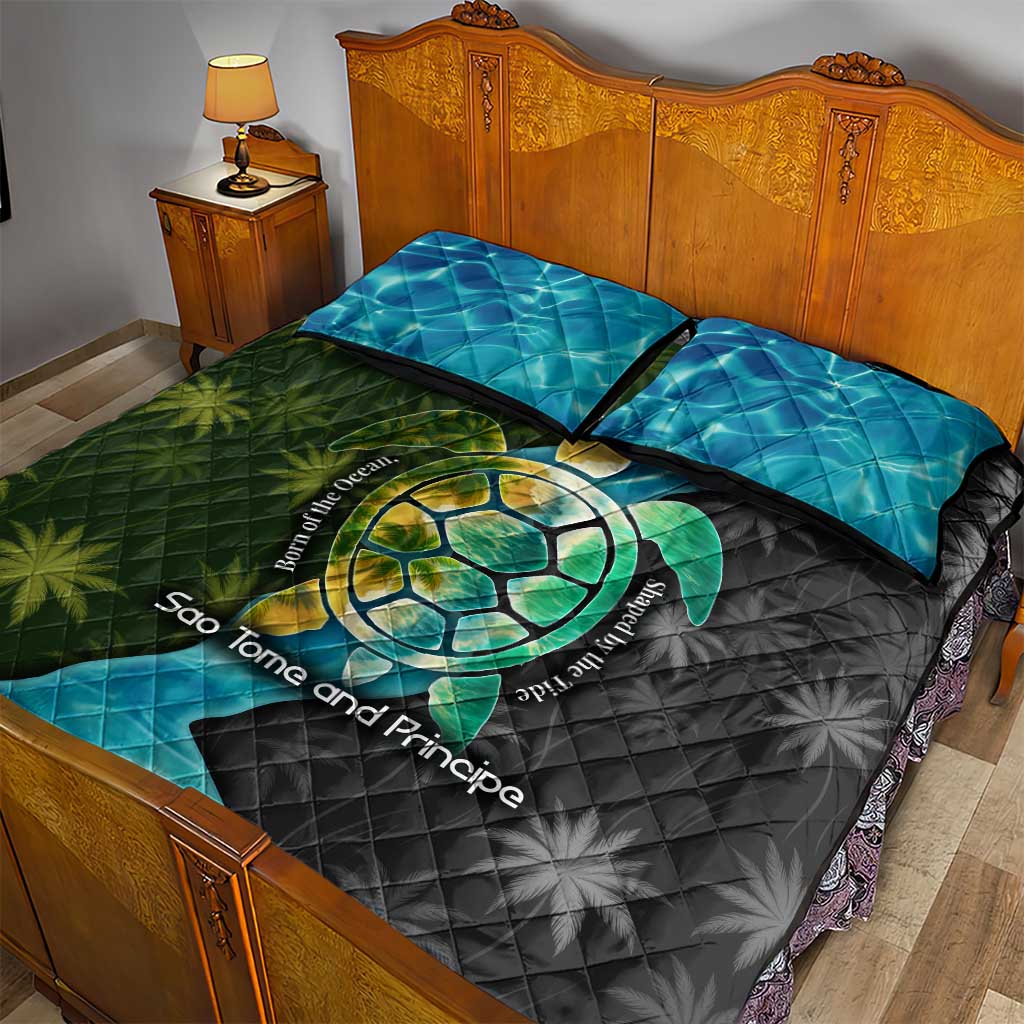 Sea Turtle Sao Tome and Principe Quilt Bed Set Ocean Tide and Tropical Palm TS04