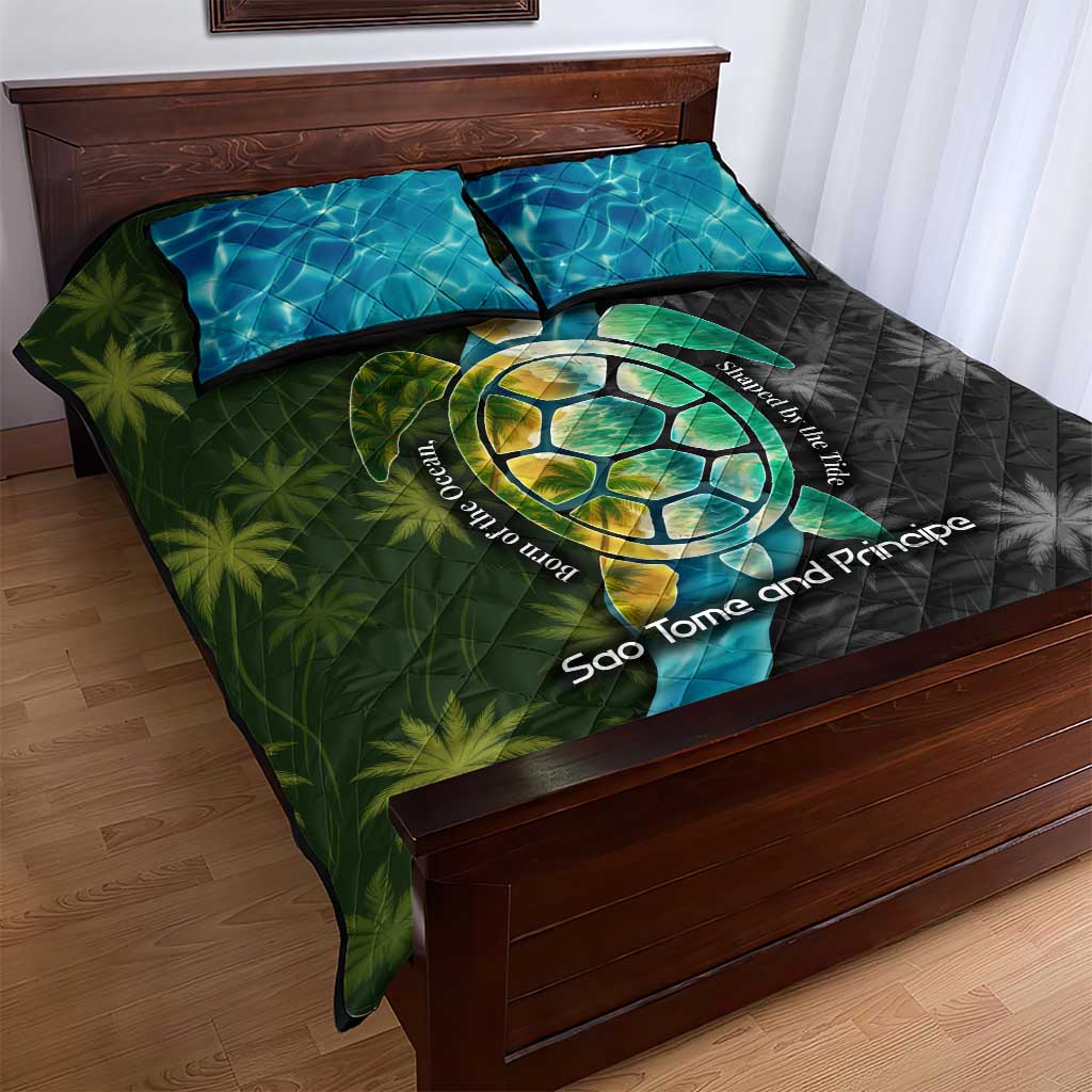 Sea Turtle Sao Tome and Principe Quilt Bed Set Ocean Tide and Tropical Palm TS04