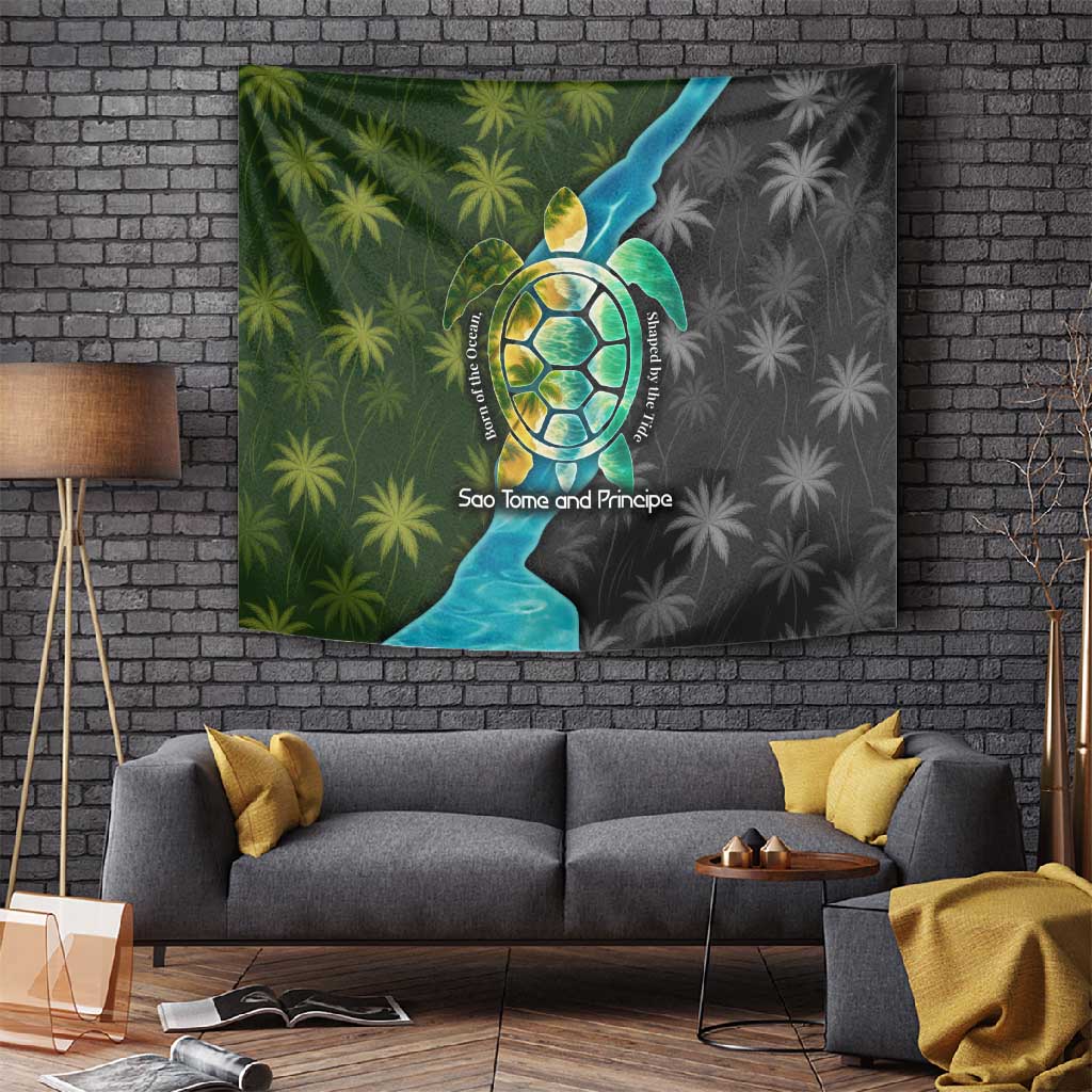 Sea Turtle Sao Tome and Principe Tapestry Ocean Tide and Tropical Palm TS04