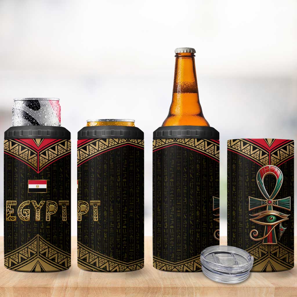 Ankh Eye of Horus Egypt 4 in 1 Can Cooler Tumbler Ancient Black Gold Hieroglyph Spirit TS04