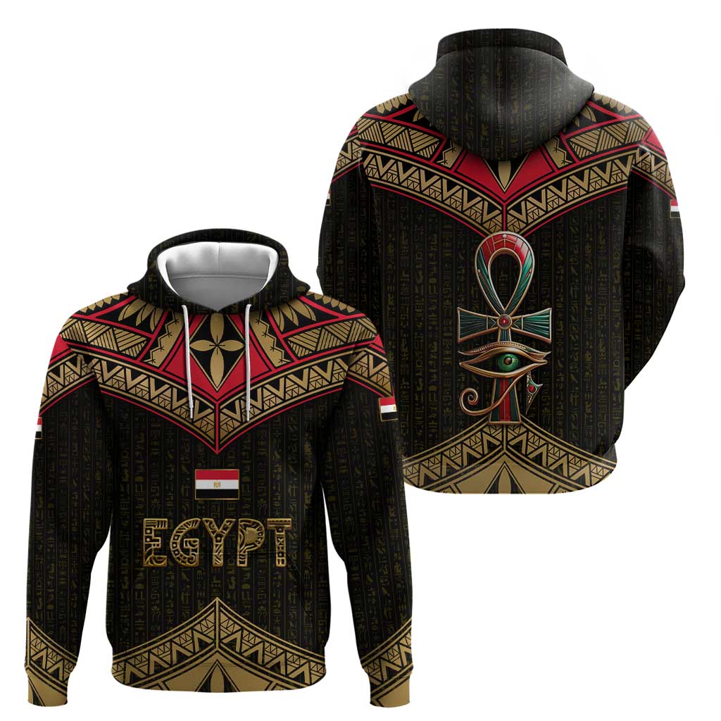 Ankh Eye of Horus Egypt Hoodie with Ancient Black Gold Hieroglyph Spirit TS04