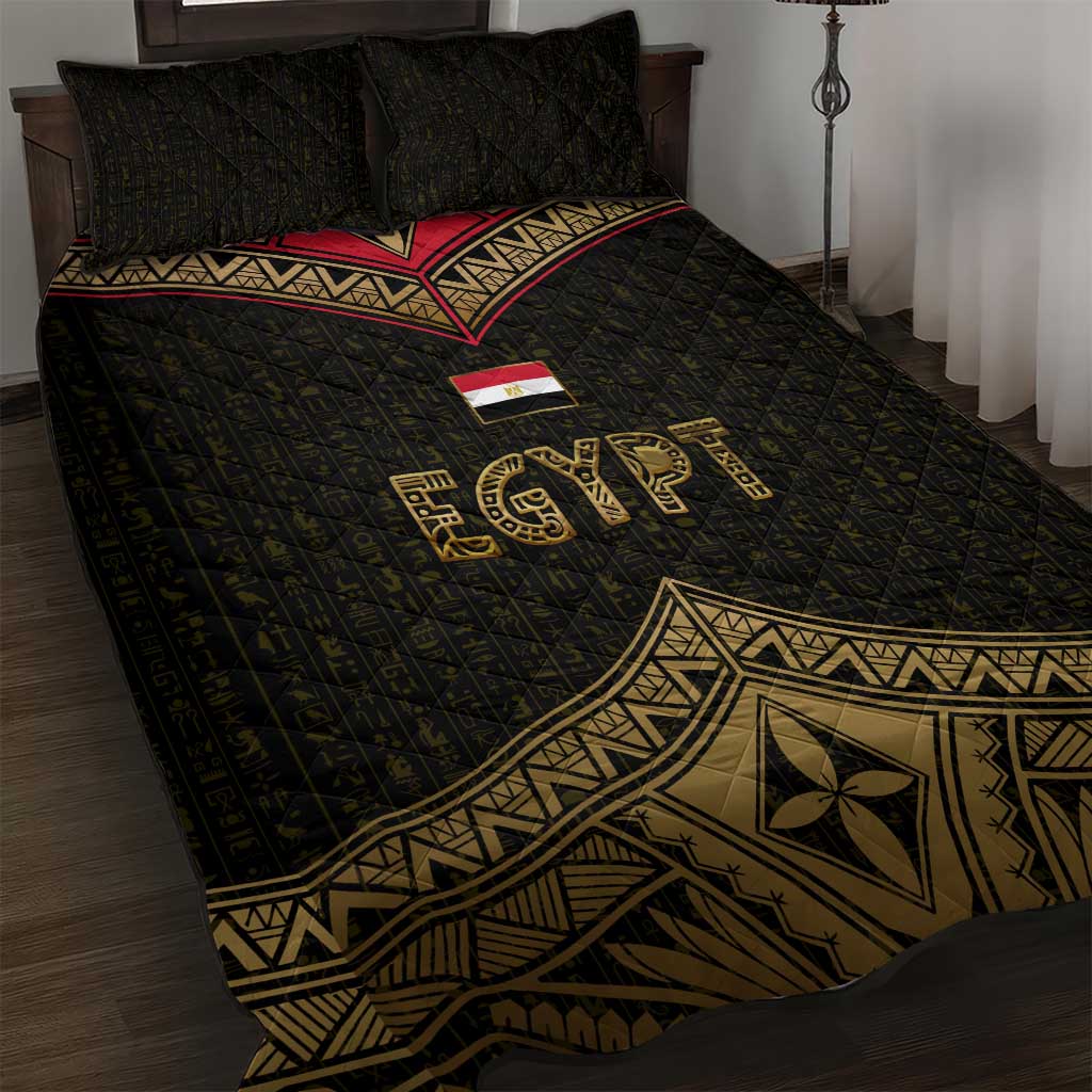 Ankh Eye of Horus Egypt Quilt Bed Set Ancient Black Gold Hieroglyph Spirit TS04