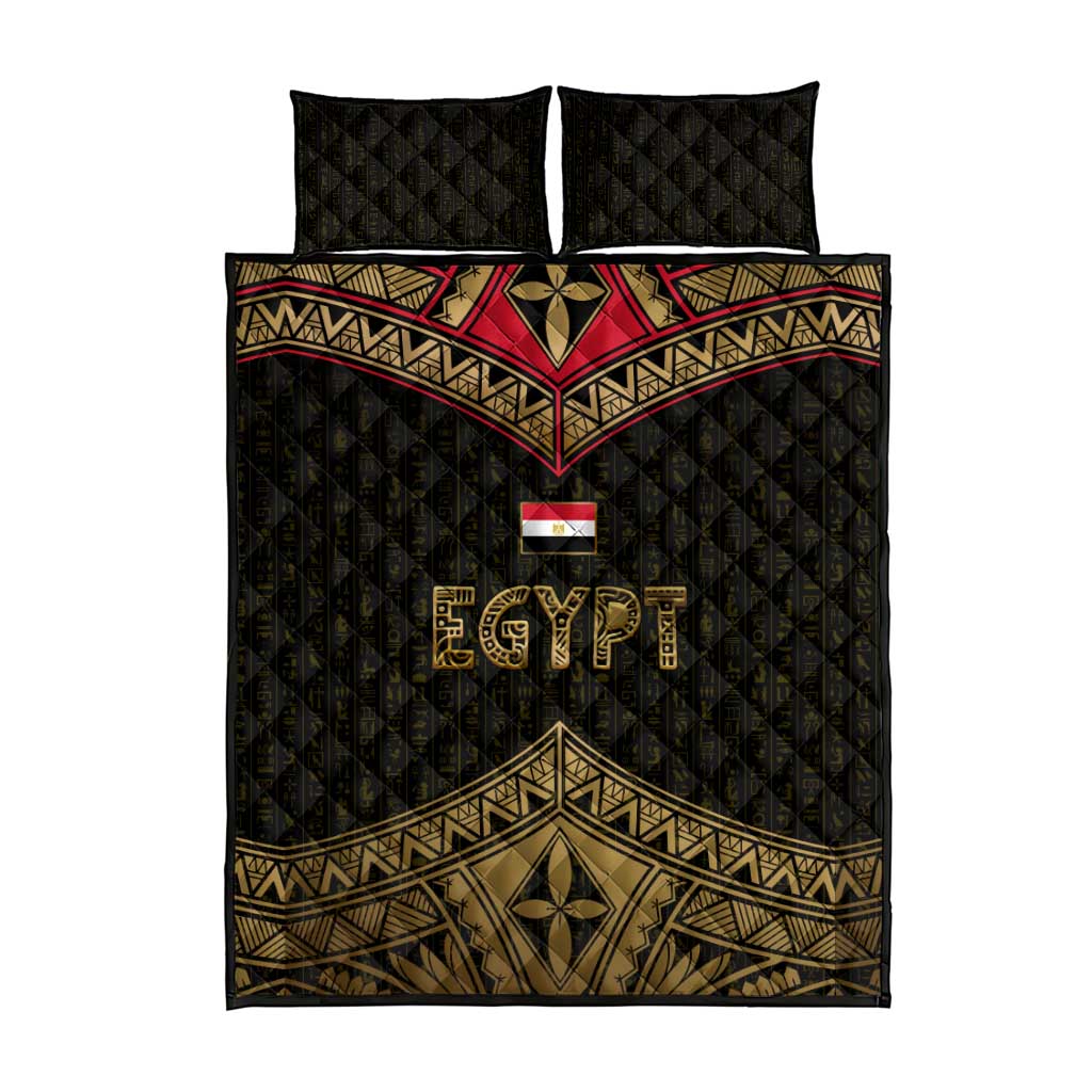 Ankh Eye of Horus Egypt Quilt Bed Set Ancient Black Gold Hieroglyph Spirit TS04