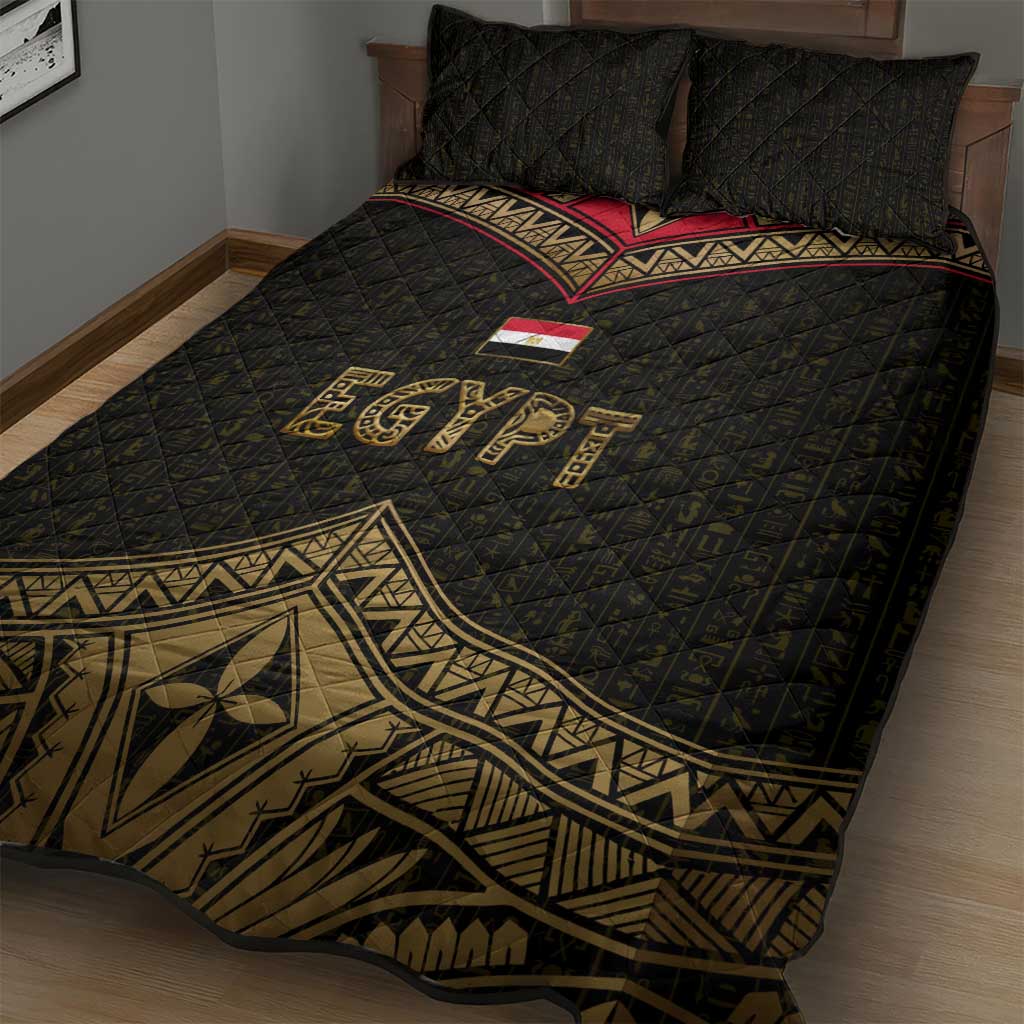 Ankh Eye of Horus Egypt Quilt Bed Set Ancient Black Gold Hieroglyph Spirit TS04