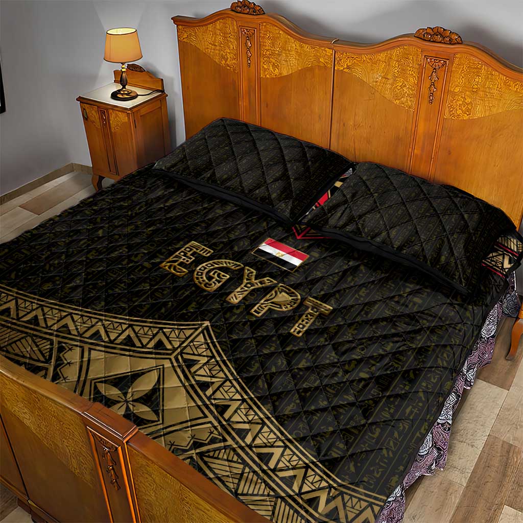 Ankh Eye of Horus Egypt Quilt Bed Set Ancient Black Gold Hieroglyph Spirit TS04
