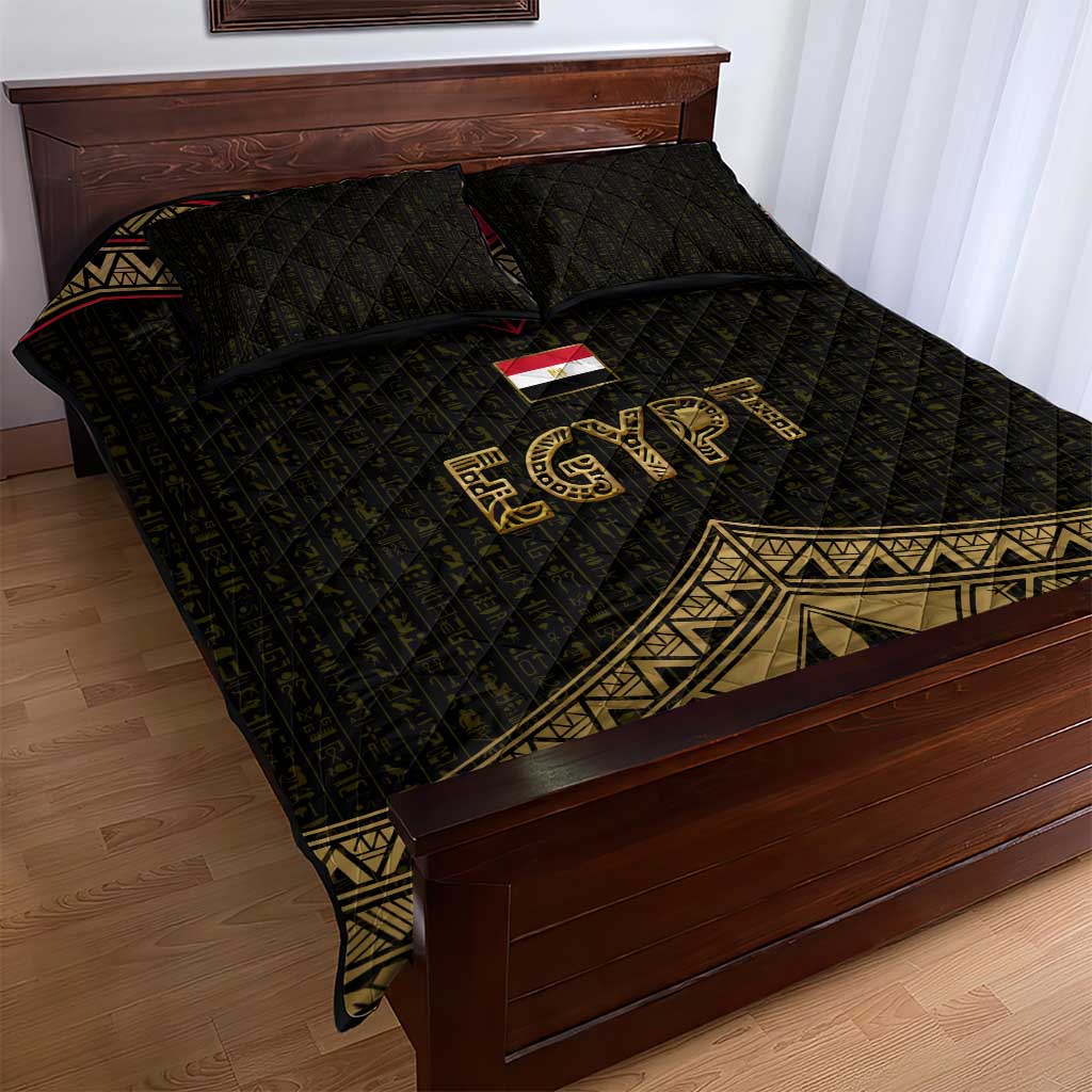 Ankh Eye of Horus Egypt Quilt Bed Set Ancient Black Gold Hieroglyph Spirit TS04