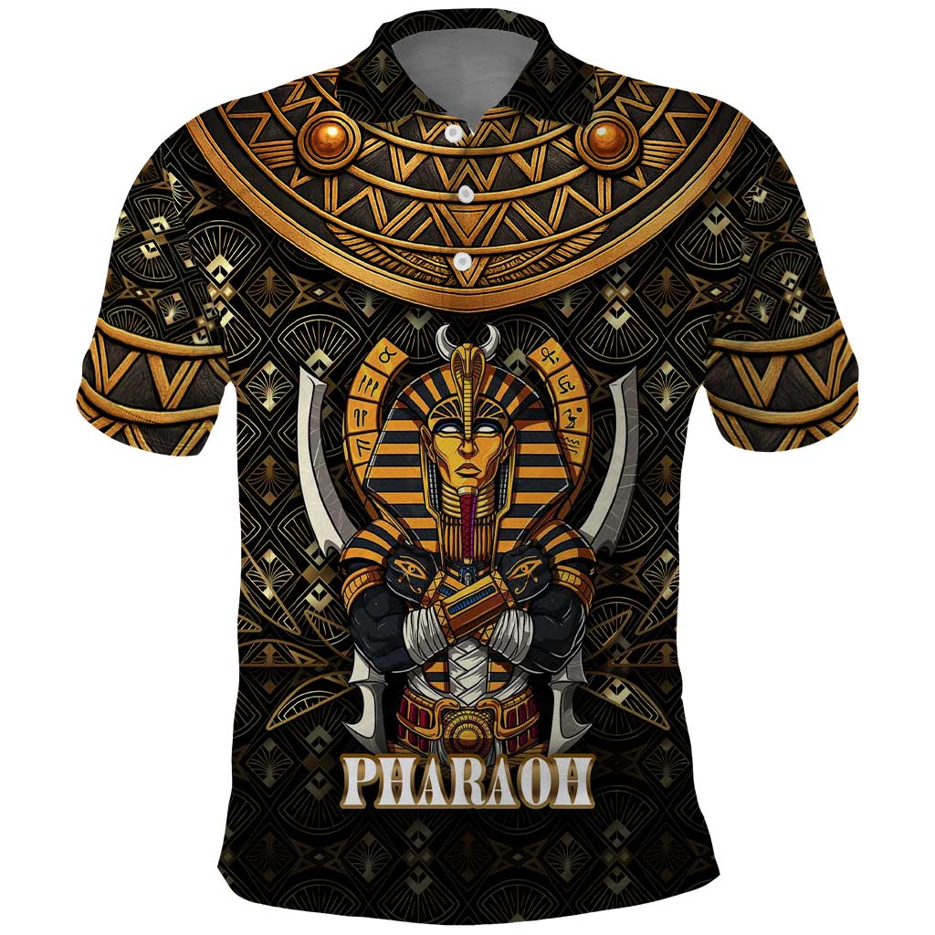 Pharaoh King Tut Egypt Polo Shirt with Hieroglyphic Gold Pattern TS04