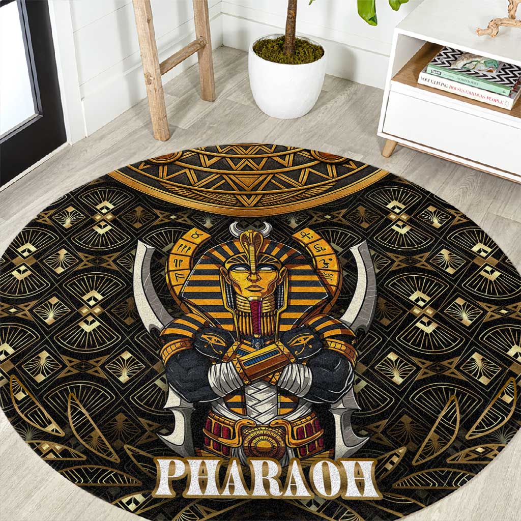 Pharaoh King Tut Egypt Round Carpet Hieroglyphic Gold Pattern TS04