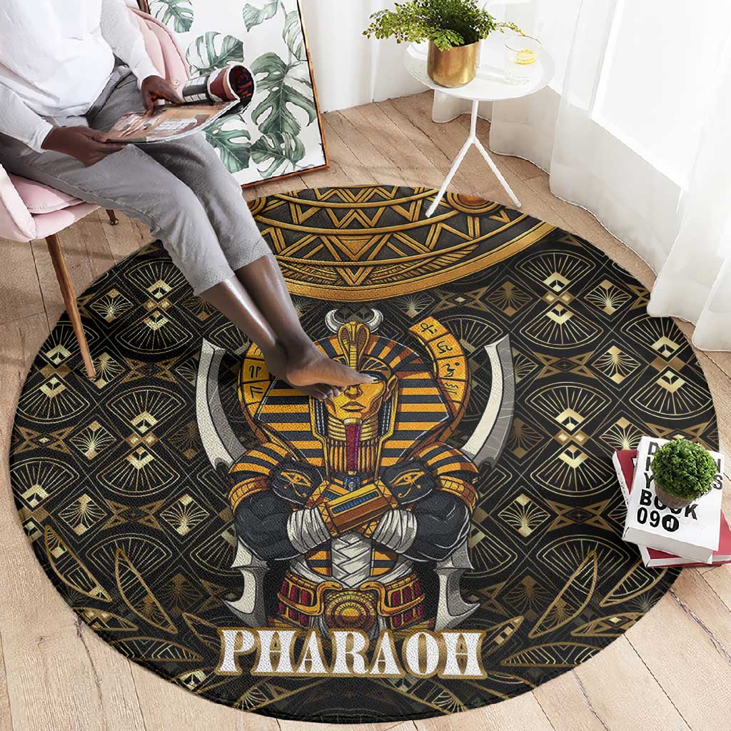 Pharaoh King Tut Egypt Round Carpet Hieroglyphic Gold Pattern TS04