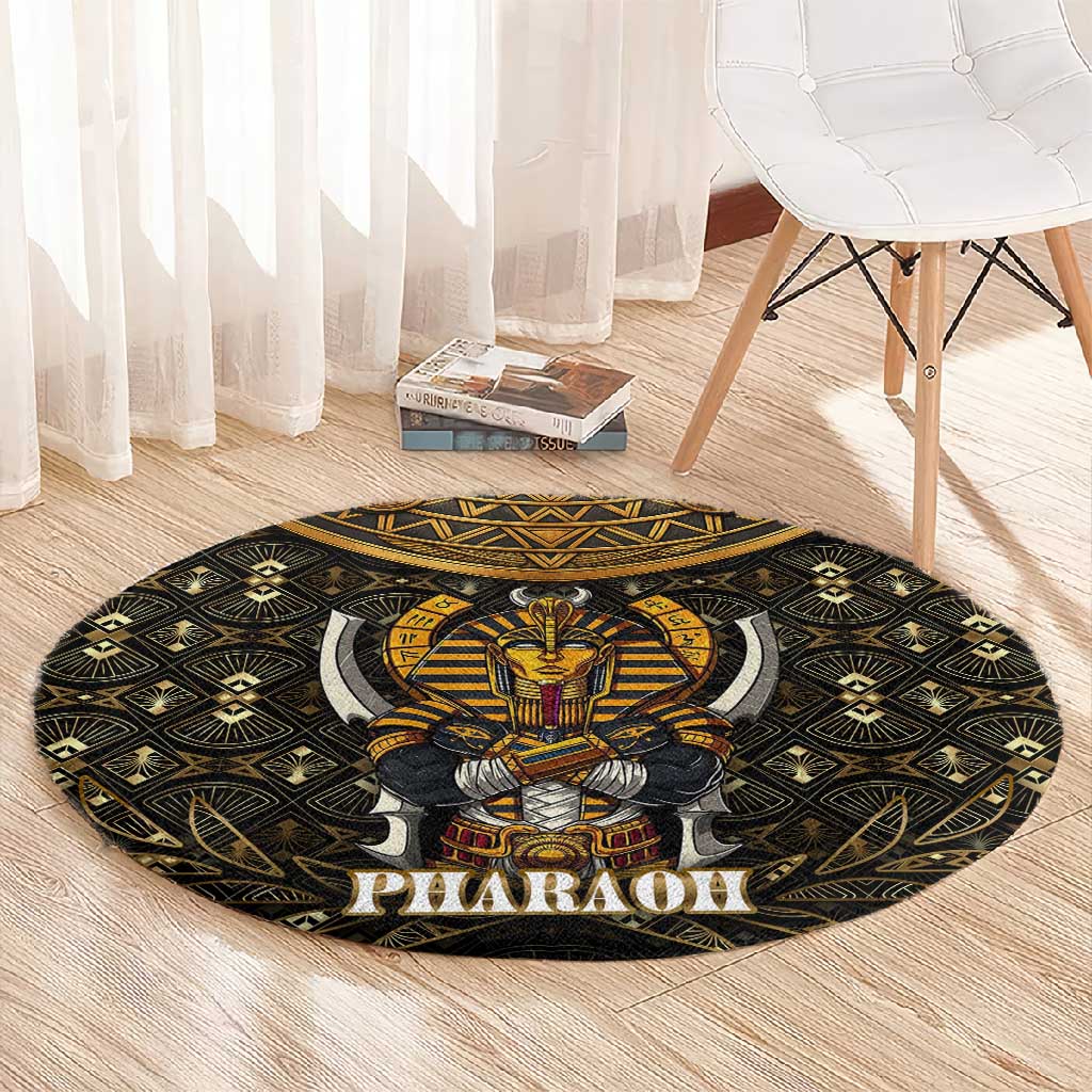 Pharaoh King Tut Egypt Round Carpet Hieroglyphic Gold Pattern TS04