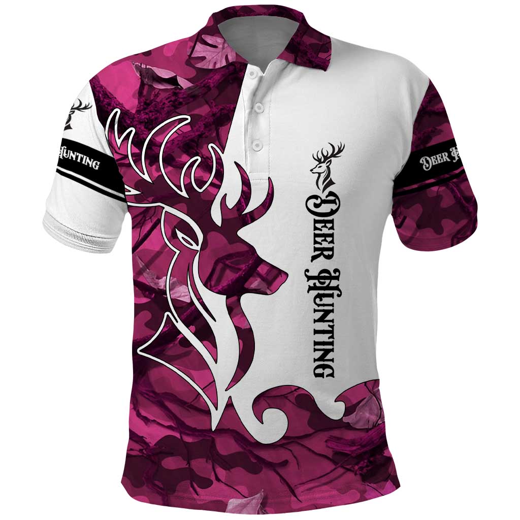 Pink Camo Customize Name Deer Hunting Polo Shirt Tribal Buck Silhouette TS04